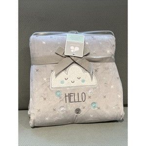 BABY Blanket JUST BORN White Cloud Hello Embroidered Gray Velour Sherpa Reverse